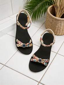 Beige Floral Woven Elastic Ankle Strap Sandals, Sapphire Rhinestone Flat Roman Sandals, Women's Summer Vacation Beach Sandals - Beige - View 7