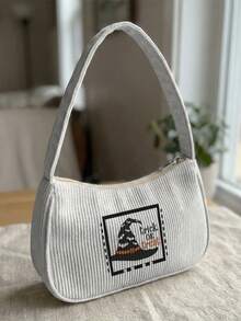 1pc Halloween Magic Kitten Print Corduroy Shoulder Bag, Underarm Bag, Large Capacity Storage, Zip Closure Y2K Baguette Handbag For Daily Travel Gift - Multicolor - View 12