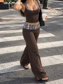 New Fall Styles For Women's Sexy High-Elasticity Crew Neck Tank Top & Snakeskin Print High-Waisted Wide-Leg Pants Two Pieces Set, Create A Fashionable - Coffee Brown - View 3