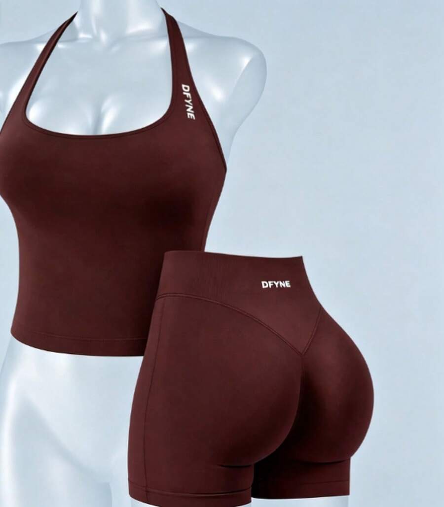 Women Two-Piece Outfits - Espresso (sleeveless Top + Shorts) - View 1