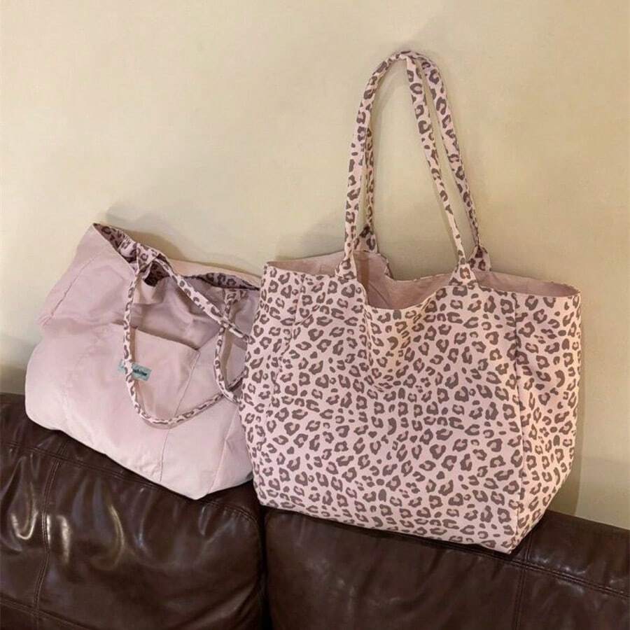 Korean Style Pink Leopard Print Canvas Tote Bag Women 2026 New Versatile Large Capacity Daily Commute Shoulder Bag - Multicolor - View 1