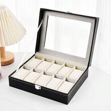Multifunctional Watch Box, 12 Slots With Drawer Watch Display Box, Men's Watch Box With Glass Lid, Double Layer Jewelry And Watch Storage Box, Unisex, Black, Christmas Gift - Multicolor - View 9