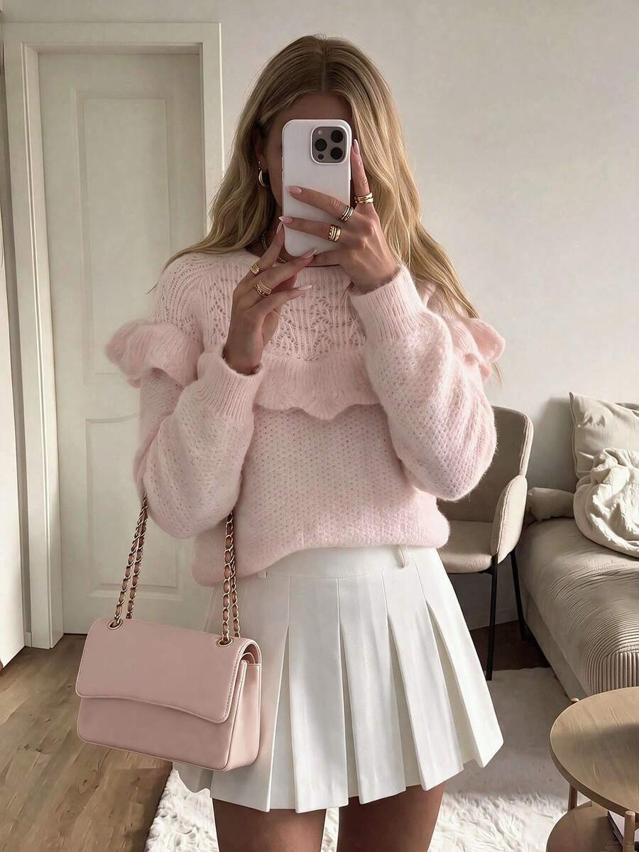 Women's Autumn/Winter New Elegant Pink Ruffle Knit Top, Suitable For Workplace Commute, Office Wear, Business Professional, Daily Casual Autumn