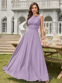 Volly Toych Gaun Bridesmaid Formal Panjang Elegan Berbahan Chiffon dengan Detail Kerut Satu Bahu Warna Abu-abu Muda-Ungu, Cocok untuk Tamu Pernikahan - Dusty Purple - View 7