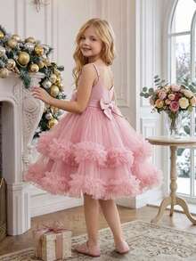 Young Girl Spaghetti Strap Beaded Lace Mesh Elegant Piano Ball Puff Princess Dress Suitable For Flower Girl Wedding Banquet Party Christmas Dress, Faux Pearl Randomly Studded - Dusty Pink - View 6