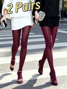 1pc Women's Red Semi-Sheer Sexy Tights, Slimming Leggings For Spring/Autumn, Date Party - Burgundy - View 7