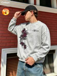 Men's Thermal Lined Crew Neck Loose Fit Sweatshirt, Mandala Pattern Print, Casual Streetwear For Autumn/Winter - Gray - View 11