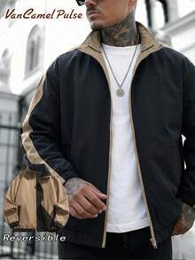 Vancamel Pulse Jaket Olahraga Kasual Luar Ruangan Pria, Bolak-balik, Musim Semi/Musim Gugur, Jaket Kerah Lapel Minimalis Serbaguna - Hitam - View 2