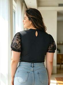 Plus Size Lace Petal Sleeve Jumpsuit, Stand Collar Sheer Waist-Cinching Jumpsuit - Black - View 6