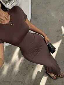 Unadoll Women's Round Neck Short Sleeve Ruched Fitted Dress, Elegant Brown Bodycon Dress Summer Style - Brown - View 2