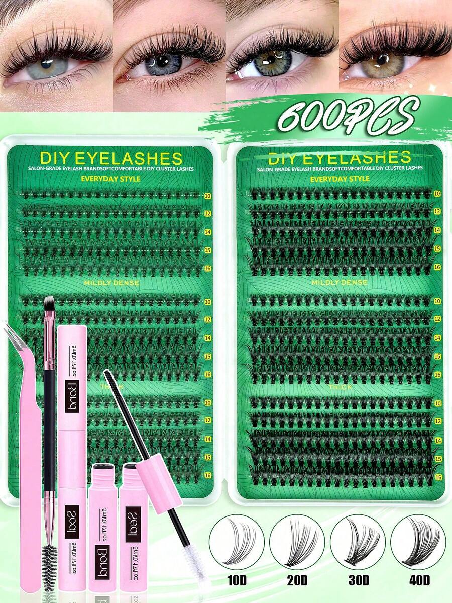 MEM 600pcs D Curl Voluminous Cluster False Eyelashes (10-16mm) - High Capacity Beginner Set (Includes Glue, Tweezers And Tools); Lightweight Segmented Lashes, Suitable For Daily DIY Wear. Cluster False Eyelashes, Halloween, Cartoon Style Lashes, Cluster Eyelash Set.