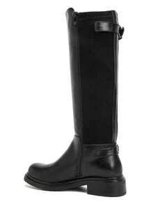 Round Toe Knee High Riding Boots For Women Double Buckle Side Zip Comfortable Low Block Heel Long Boots - Black - View 4
