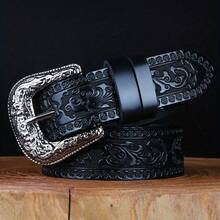 1pc Unisex Western-Inspired Belt With Ornate Carved Buckle And Full Embossed Scroll Strap Detailing, Rivet-Reinforced Vintage Design - UH035 - View 10
