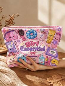 New "Girl Essential" Pattern Corduroy Makeup Bag | Cosmetic Storage Bag | Travel Organizer Bag | Travel Essential | Toiletry Bag | Pool Storage Bag | Halloween Gift | Christmas Gift | Suitable For Mom, Teacher, Friend And Nurse | Autumn Essential | Home Essential | Easy To Clean Design | Portable Makeup Box | College Essential, Holiday Essential, Christmas Gift, New Year Gift (Random Pattern Cut) - Multicolor - View 2