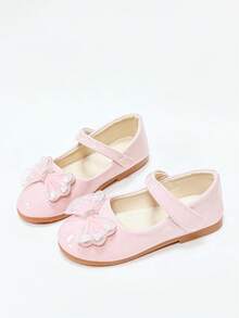 1 Pair Girls' Soft Nude Pink Princess Mary Jane Shoes With Hook And Loop, Mesh, Rhinestone Bow, Versatile For Birthday Party, Performance And Everyday Wear - Pink - View 5