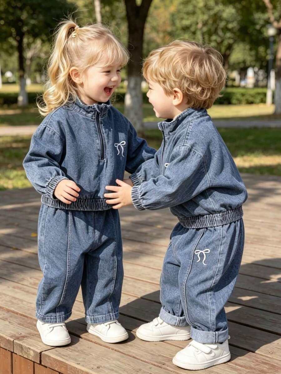 2pcs/Set Baby Girl Casual Style Elastic Cuff Bow Decor Pullover Top And Casual Long Pants, Autumn - Blue - View 1