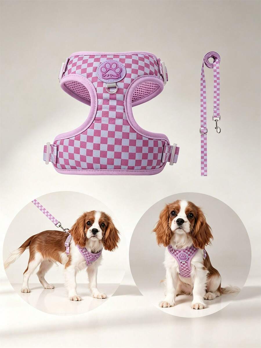 Spring New Plaid Pattern Dog Harness And Leash Set, Made Of Soft Breathable Mesh Fabric, Back Equipped With Round Ring For Increased Stability, Anti-Friction Design, Adjustable Size, Suitable For Small Dogs - Fashionable And Comfortable, Ideal For Daily Walking And Training. Matching Leash Has Waste Bag Holder.