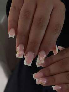 28pcs Y2K Medium Square White French Press-On Nails With 3D Gel Flowers, Rhinestones And Gold Pearl Design, Autumn Full Coverage Acrylic Fake Nails Set, Includes 1pc Jelly Glue And 1pc Nail File, Suitable For Girls Daily And Party Use - Multicolor - View 1
