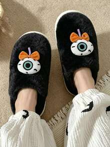 Women Halloween Cute 3D Eye & Bow Decor Fluffy Plush Slippers, Soft Warm Non‑Slip Flat Indoor Home Shoes,Slip-On Design, Quick To Put On And Take Off - Black - View 5
