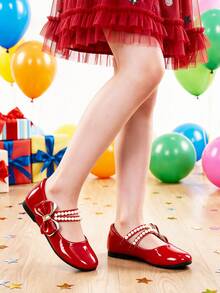 Elegant Pearl Decor Bow Mary Jane Flats For Girls, Suitable For Middle And Older Children To Pair With Dresses For Indoor Parties And Events In Autumn/Winter - Red - View 2
