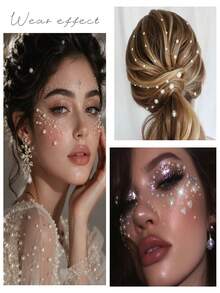 2/1pc Heart Pearl Face Gems Stickers, AB Colorful Rhinestone Pearl Chain Self‑Adhesive Face Jewels Crystals Stick On For Festival Rave Party Halloween Cosplay Makeup Decor - Multicolor - View 8