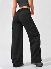 Women's Black Cargo Pants With Drawstring Elastic Waist, Wide Leg, Zipper And Flap Pockets, Casual Sport Style - Black - View 6