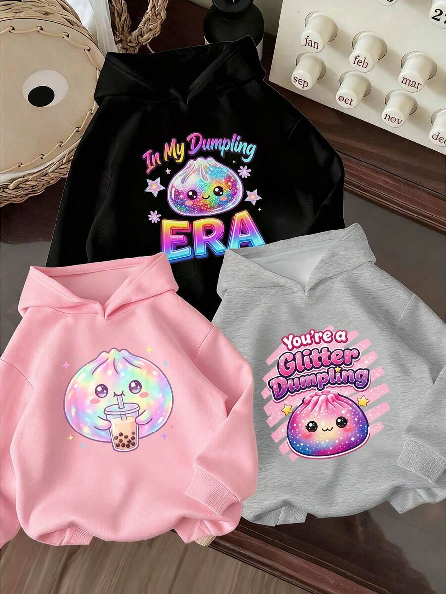 3pcs-Tween Girl 3 Pieces Set, Fun Print Thermal Lined Sweatshirt, Warm And Comfortable For Autumn/Winter - Black - View 1