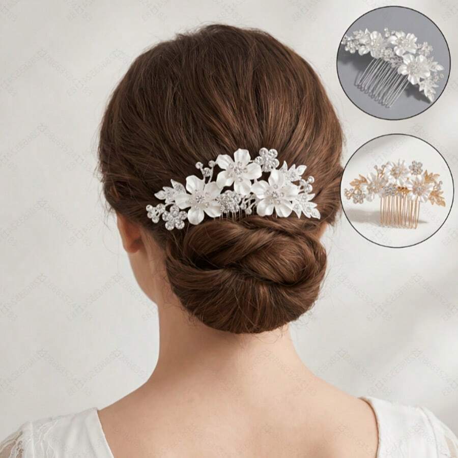 Bridal Floral Rhinestone Hair Comb, Alloy Material 3D White Flower Embellished Hair Comb, Elegant Hair Accessory For Wedding Dress And Formal Updo, Gold And Silver Colors Available - Multicolor - View 1