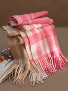 Vintage Plaid Wool Tassel Scarf, Soft Long Shawl For Women, Autumn/Winter Daily Warm Atmosphere Scarf Accessory - Rose Pink Plaid - View 5