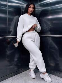 2pcs Women's Casual Fleece Pocket Short Hoodie And Jogger Pants Set, Suitable For Daily Wear, Autumn/Winter, Women's Set, 2 Pieces, White - White - View 4