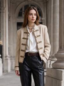 Casual Elegant Commuter Women's Button Long Sleeve Contrast Color Tape Patchwork Woven Twill Fabric Jacket With Pockets And Lining, Suitable For Airport, Daily Office, Campus, Holiday And Multiple Occasions, Versatile - Apricot - View 2