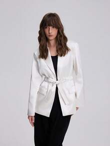 Women's Vintage Old Money Style Long Sleeve Lapel Silk Texture Blazer Jacket - Beige - View 8