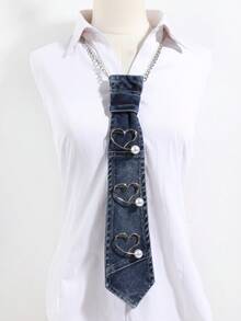 1PC Fashion Unisex Denim Style Faux Pearl Heart Decor No-Tie Denim Necktie Suitable For Daily Wear, Shopping, Campus, Party - Blue - View 5
