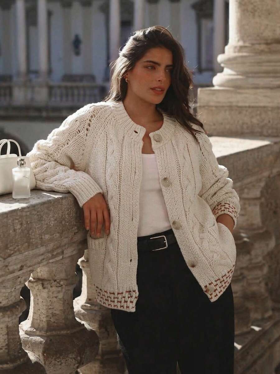 Cable Knit Button Front Cardigan, Round Neck, Long Sleeves, Soft Beige Sweater Cardigan For Women, Elegant Cozy Fall Everyday Layering Top - Apricot - View 1