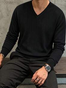 Men's Autumn/Winter Fashion Versatile Striped Slim Fit Regular Shoulder V-Neck Long Sleeve Knit Top Long Sleeve T-Shirt Suitable For Daily Commute - Black - View 3