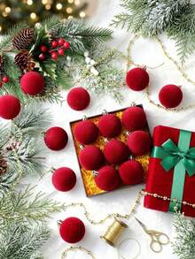 Premium Dark Red Flocked/Velvet Christmas Baubles (10cm) – High-End Velvet Ornaments For Christmas Trees. - Multicolor - View 4
