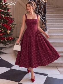 Dirp Noir Women's Elegant Plaid Square Neck Wide Strap Ruched Midi Dress, Suitable For National Day, Graduation, Back To School, Party - Burgundy - View 9