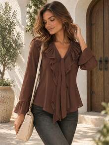 Blus lengan panjang model V-neck berbahan sifon cokelat elegan dengan detail ruffle dan ikat di bagian depan. - Coffee Brown - View 2