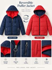 Women's Reversible Hooded Puffer Jacket, Casual Quilted Zip-Up Outerwear With Drawstring Hood And Zip Pockets - Navy Blue - View 4
