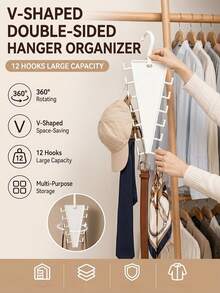 V-Shaped Wardrobe Storage Hanging Rack | 12 Hooks Large Capacity | 360° Rotating Space-Saving - Multicolor - View 8