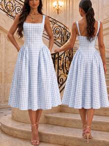Dirp Noir Women's Autumn Elegant Plaid Square Neck Wide Strap Ruched Mid-Length Dress, National Day, Graduation, Back To School, Party - Lake Blue - View 11