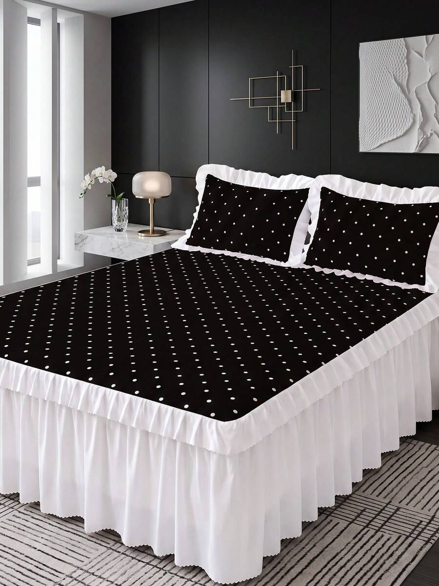 1 buah Rok Ranjang Berumbai, Motif Polkadot Hitam, Sprei, Pelindung Kasur, Dekorasi Kamar, Tekstil Rumah, Lembut, Bernapas, Nyaman, Ringan, Cocok untuk Ranjang Ukuran Twin/Full/Queen/King, Anti Debu, Anti Selip, Dapat Digunakan Sepanjang Musim, Dapat Dicuci dengan Mesin