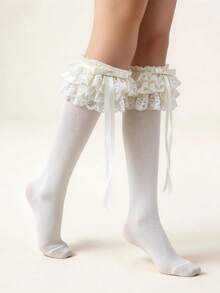 1pc Women's Lolita Style White Ruffle Lace Mid-Calf Socks, Satin Bow Long Ribbon Decor Calf Socks, Comfortable & Breathable Socks, Suitable For Dating, Costume Party, Sweet Outfit & Street Style - Multicolor - View 4