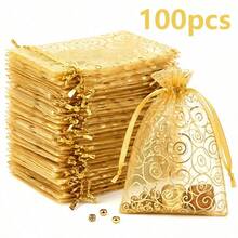 60pcs Gold Swirl Print Organza Gift Bags, Multi-Size Transparent Drawstring Pouches, Reusable Mesh Party Favors, Suitable For Weddings, Christenings, Graduations, Holiday Parties And Candy And Jewelry Packaging - Multicolor - View 10