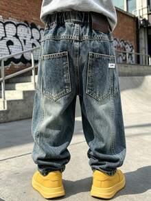 Boys' Loose Fit Denim Jeans, Suitable For Everyday, School, Outdoor & Casual Wear, Autumn - Blue - View 4