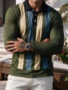 Men Retro Vertical Color Block Striped Long Sleeve Polo Shirt Casual Button Collar Golf Top - Multicolor - View 2