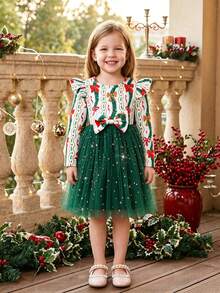Girls' Long Sleeve Digital Print Dress With Bow & Mesh Patchwork, & Cute Dress For Christmas Party - أخضر - مشاهدة 2