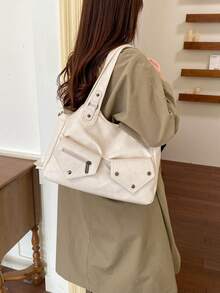 Tote Bag With Multiple Pockets, Rivet And Metal Zipper Decoration, Partitioned Storage Large Capacity, Main Compartment Open + Front Pocket Zipper Closure, Casual Retro Cargo Style Style Tote Bag, Suitable For Daily Commute, Campus Travel, Girls Who Like Simple Cargo Style Outfits - White - View 3
