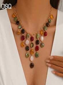 OOQ 1pc Bohemian Style Colorful Tie-Dye Geometric Beaded Necklace, Dopamine Niche Design Fresh Fashion Necklace For Women And Girls, Suitable For Daily Wear, Social Occasions, Gifts, Parties And Proms - Colorful - View 2