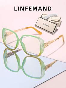 LINFEMAND 1 Pair Women's Oversized Gradient Non-Prescription Glasses, Hollow Metal Temple Design, Face-Flattering Small-Face Effect, Fashionable Contrast Color Frame, Daily Commute Office Wear, Versatile Decorative Eyewear - Clear - View 17